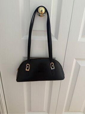 Classic Black Dome Shoulder Bag with Gold Hardware